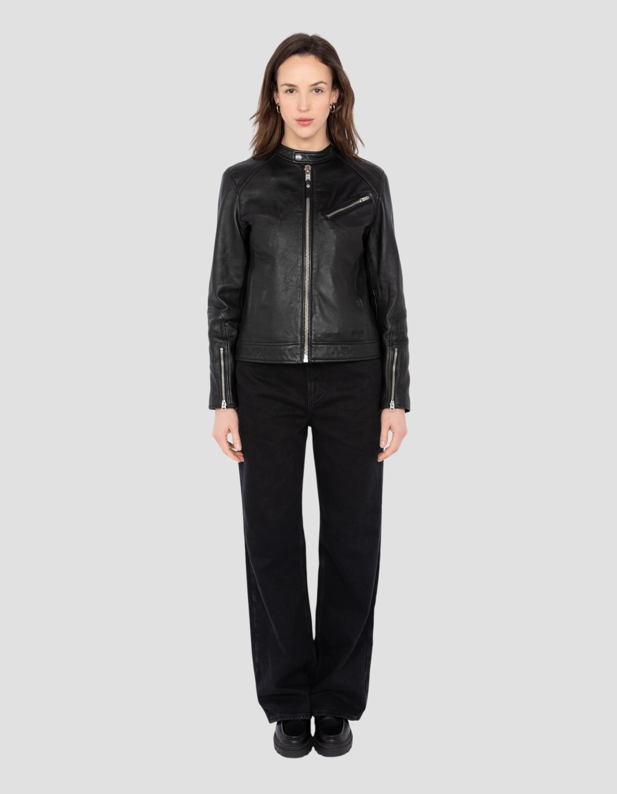 Giacca per motociclisti flessibili neri, pelle di agnello lavata-4