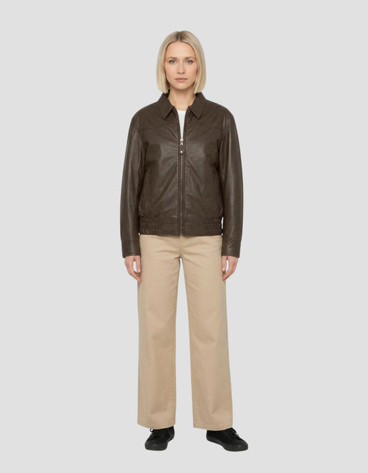 Blouson smocké marron, cuir d’agneau