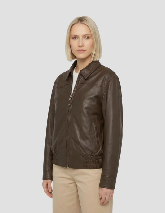 Blouson smocké marron, cuir d’agneau