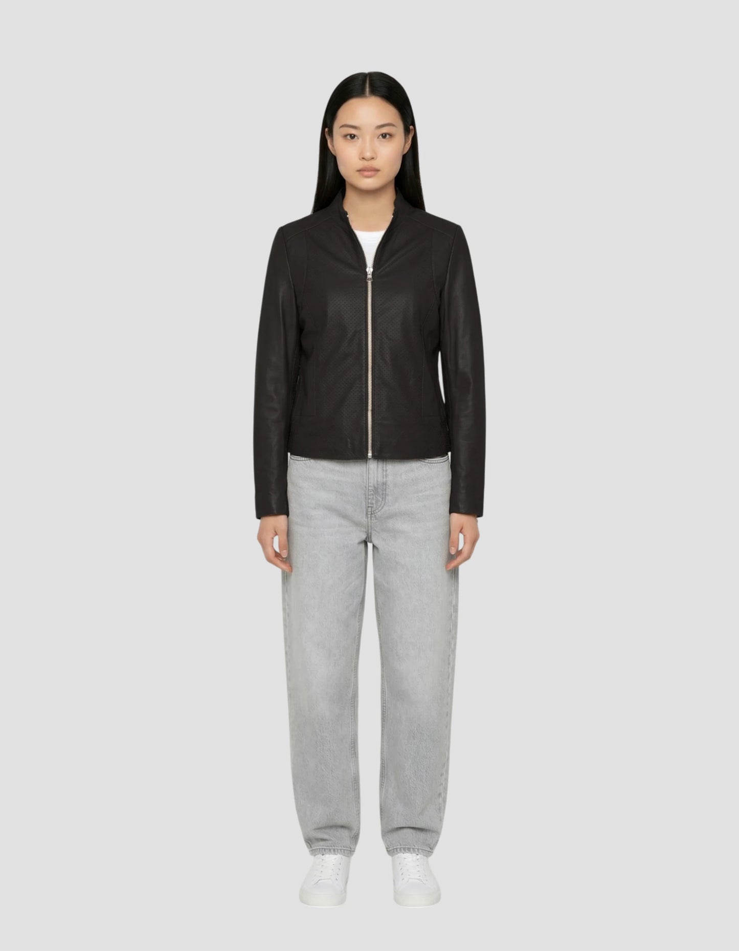 Blouson ajouré noir, cuir d’agneau