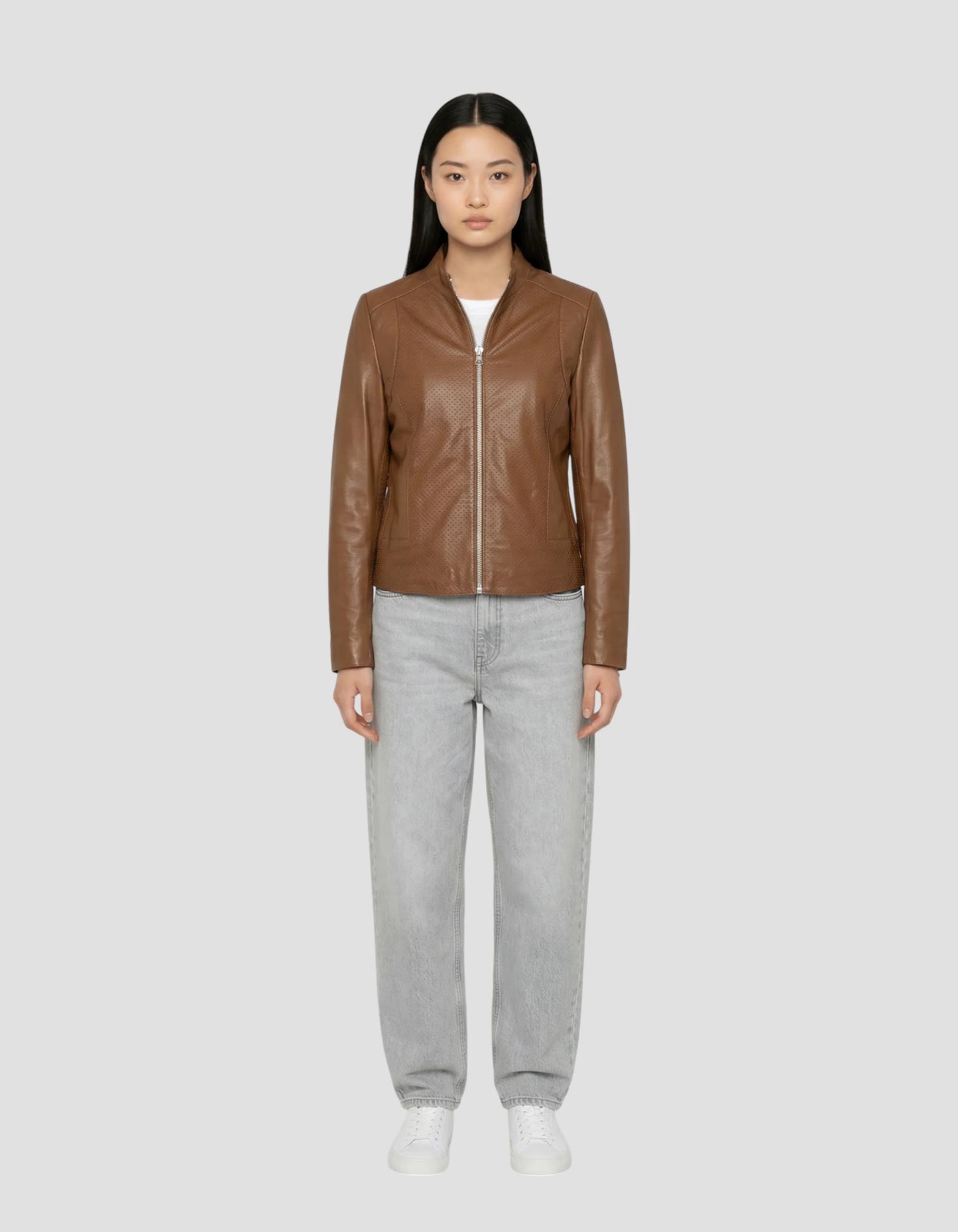 Blouson ajouré marron, cuir d’agneau