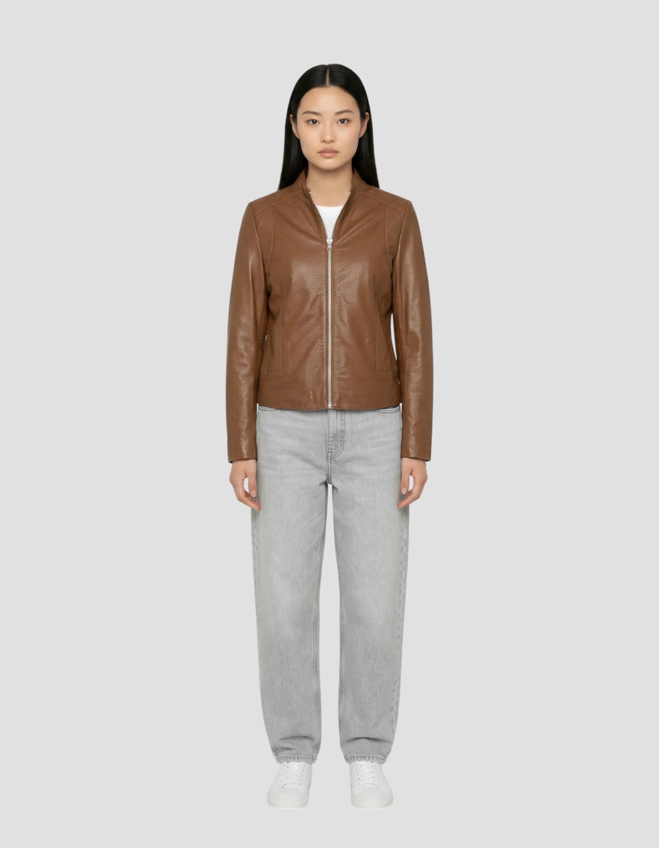Blouson ajouré marron, cuir d’agneau-1