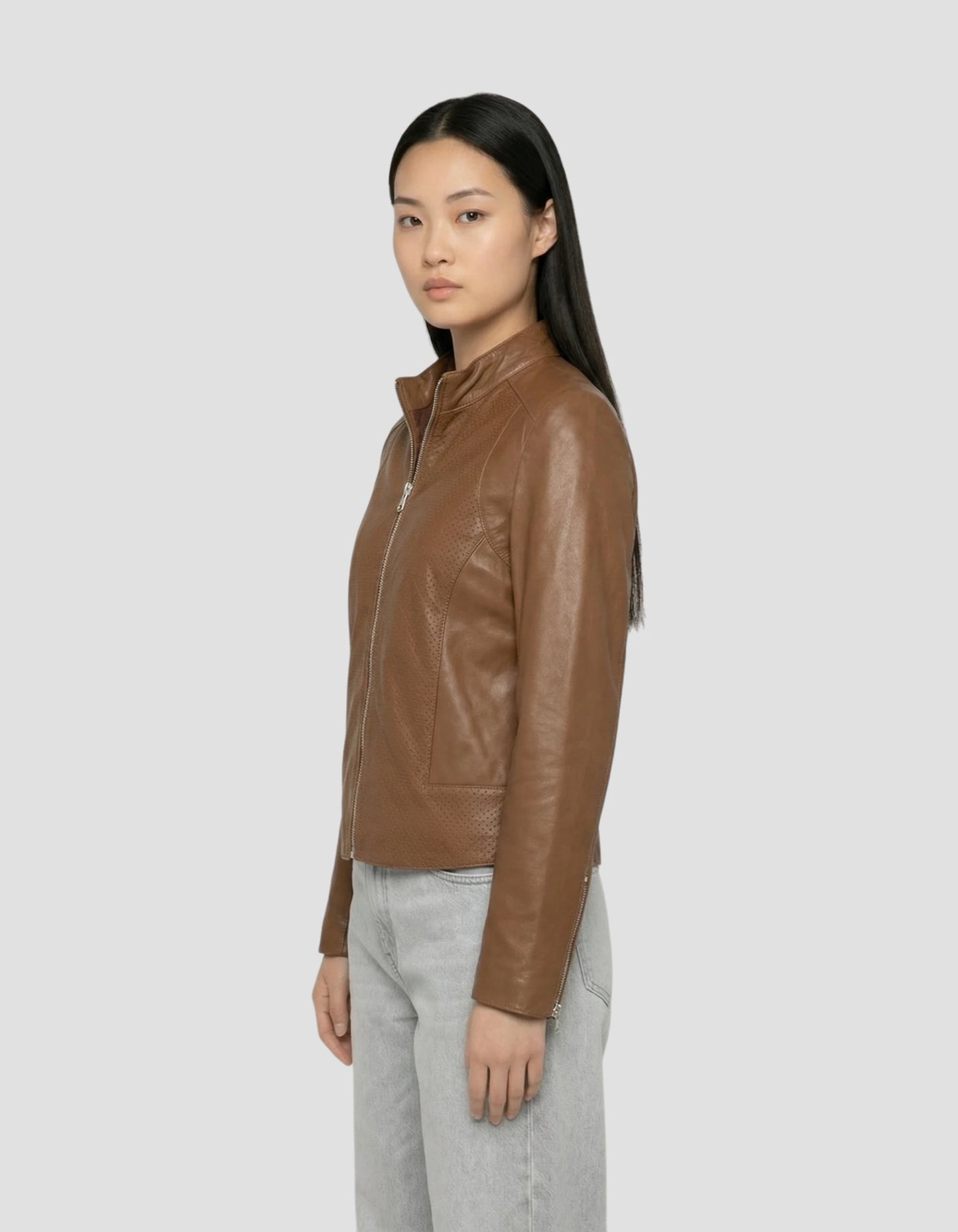 Blouson ajouré marron, cuir d’agneau