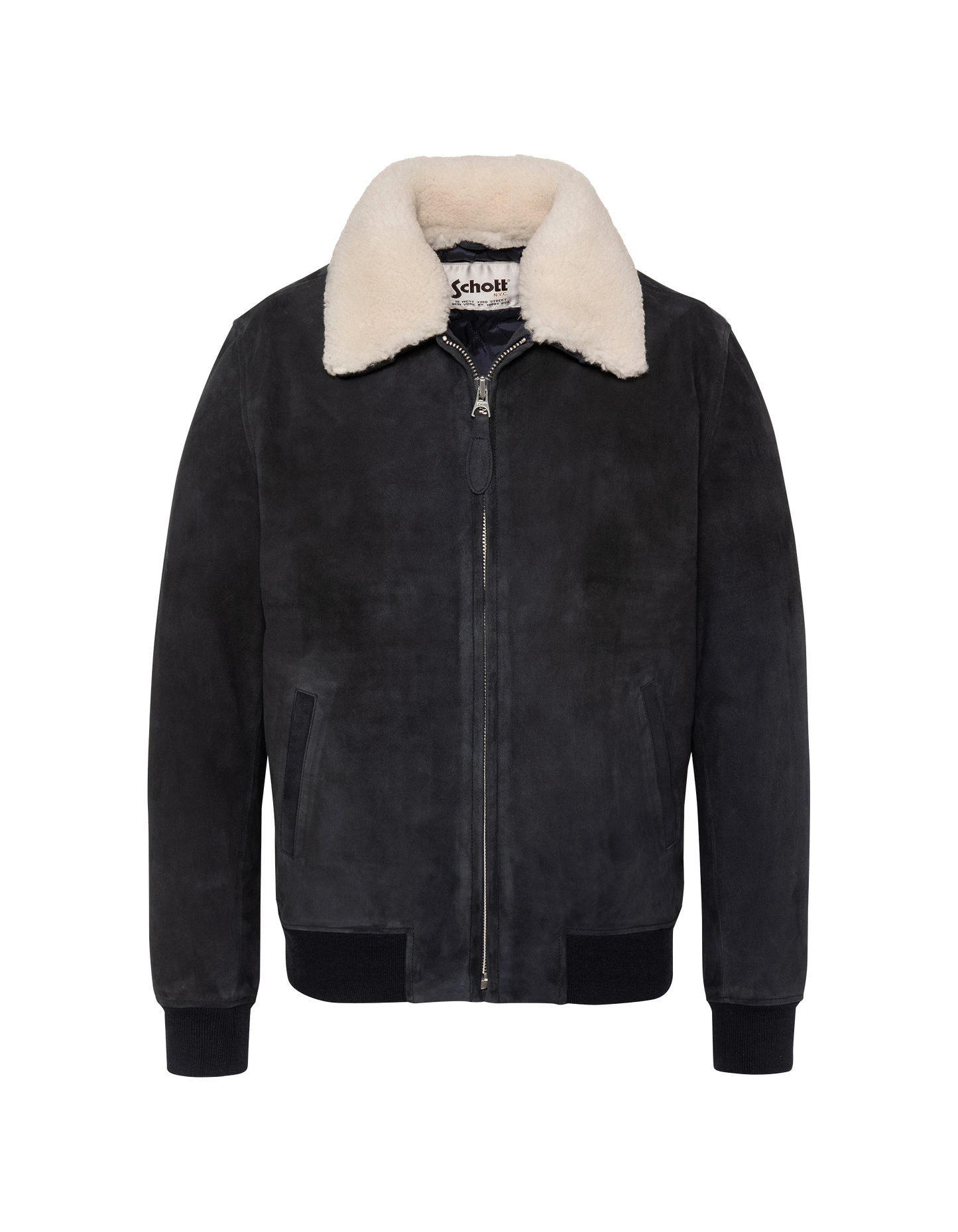 Casual navy blue jacket with removable shearling collar, goat suede