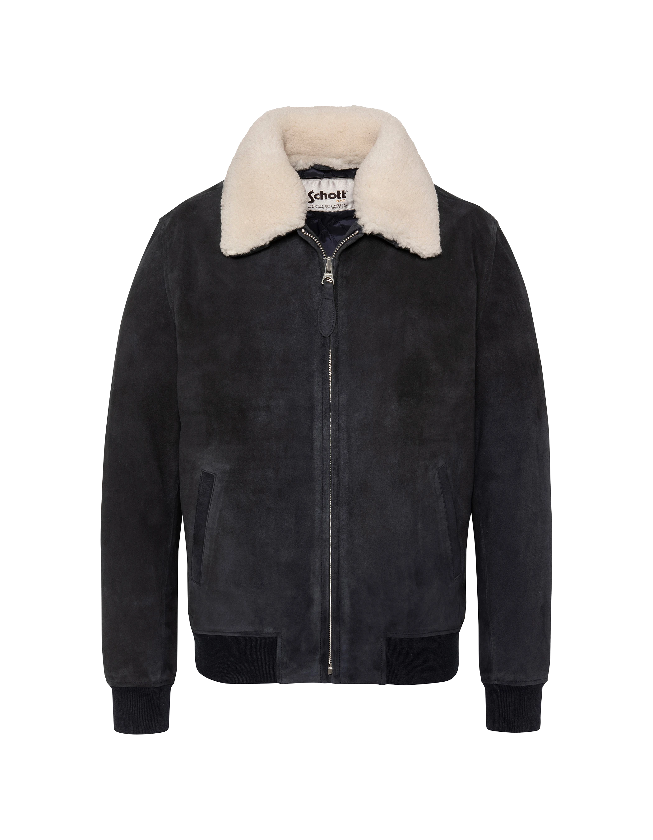 Casual navy blue jacket with removable shearling collar, goat suede-1