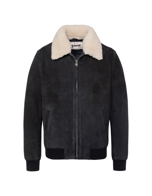 Lässige marineblaue Jacke mit abnehmbarem Schaffellkragen, Ziegenveloursleder