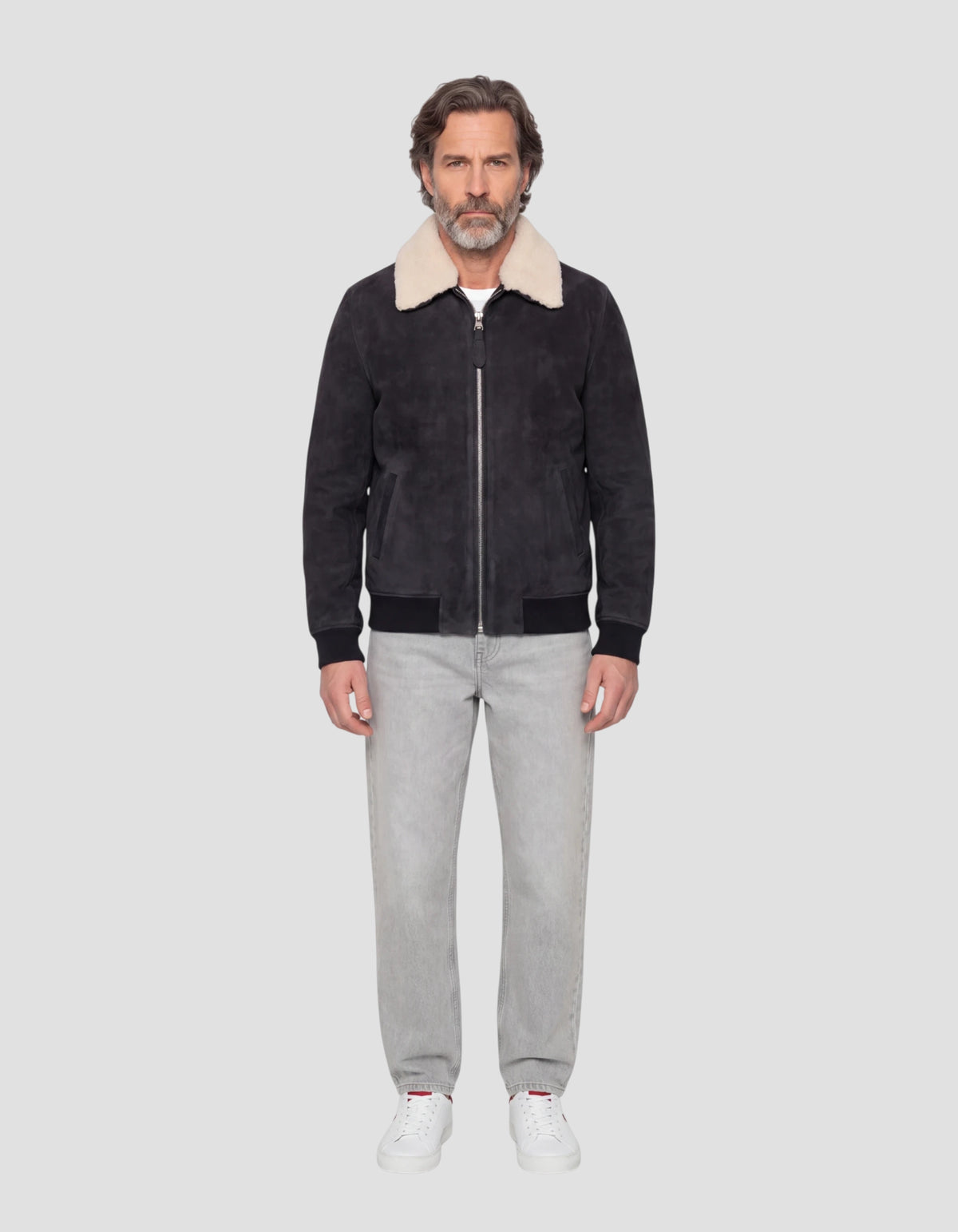 Blouson casual bleu marine avec col mouton amovible, chèvre velours
