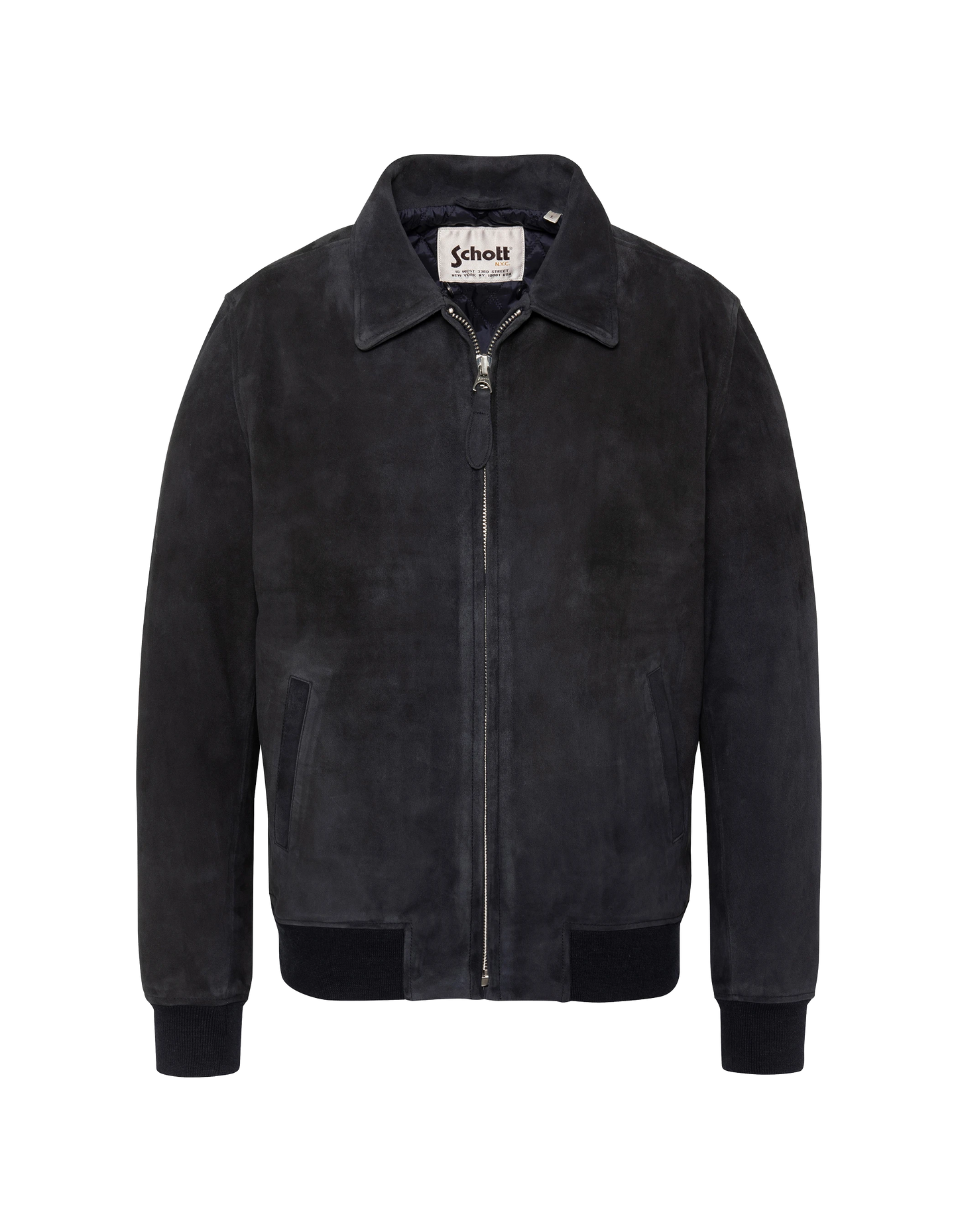 Casual navy blue jacket with removable shearling collar, goat suede