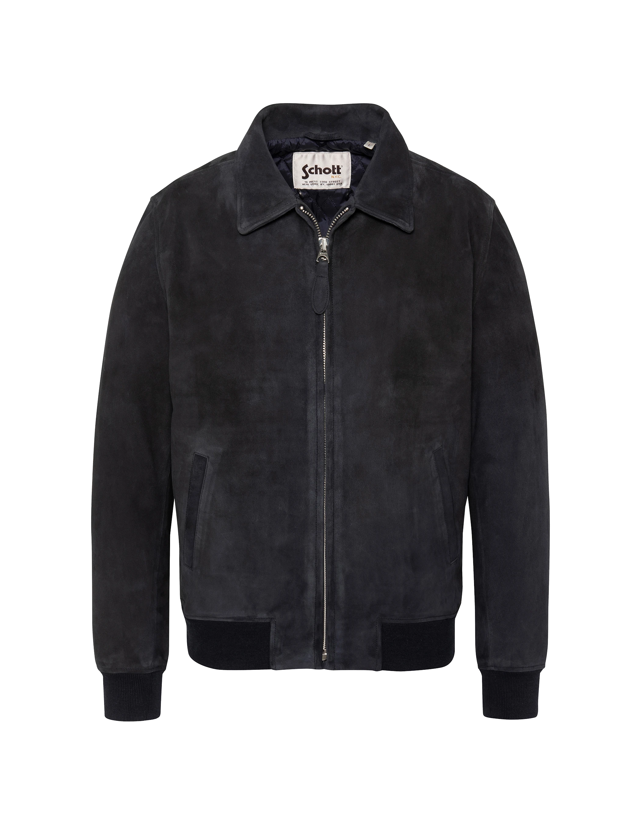 Casual navy blue jacket with removable shearling collar, goat suede-3