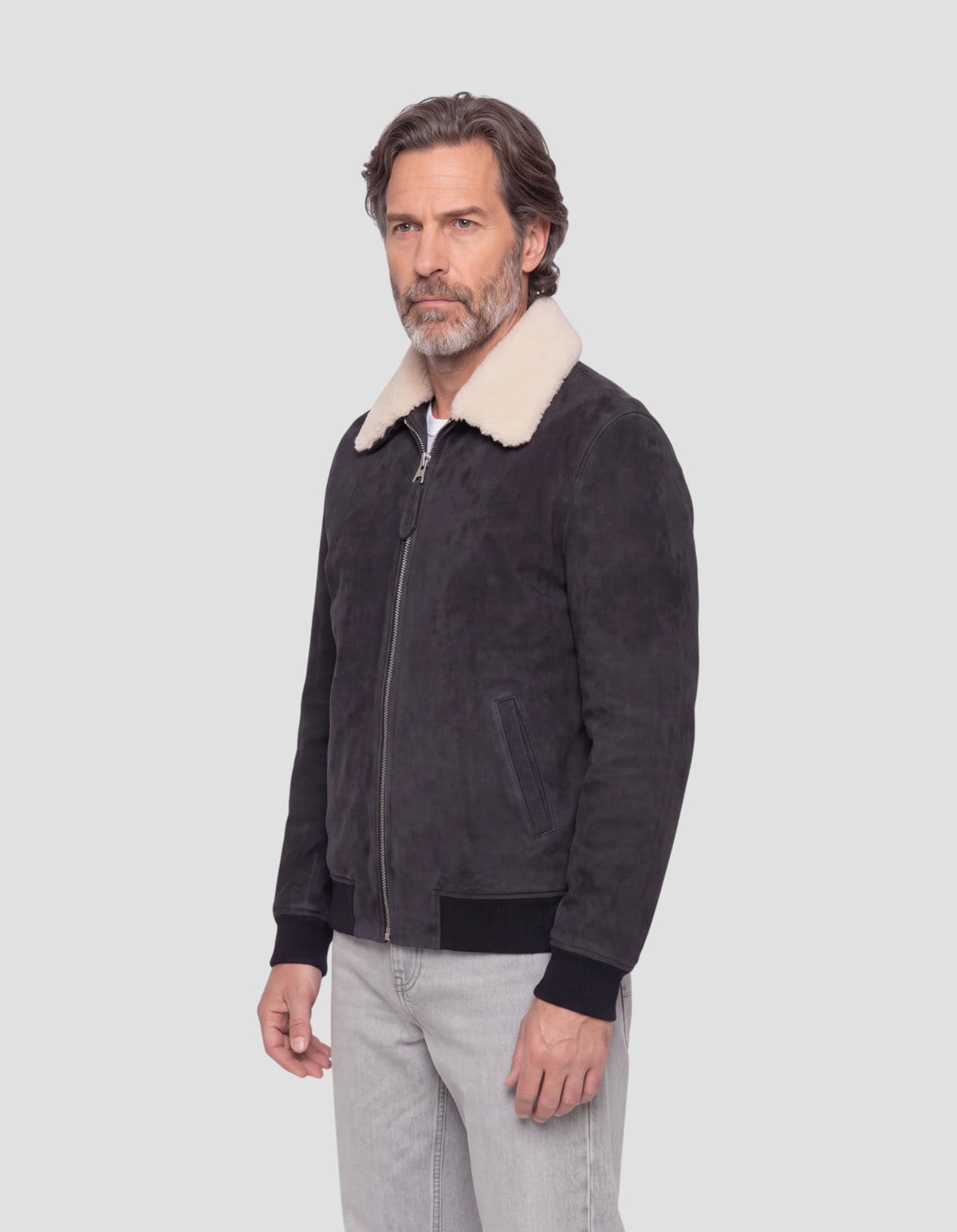 Blouson casual bleu marine avec col mouton amovible, chèvre velours-3