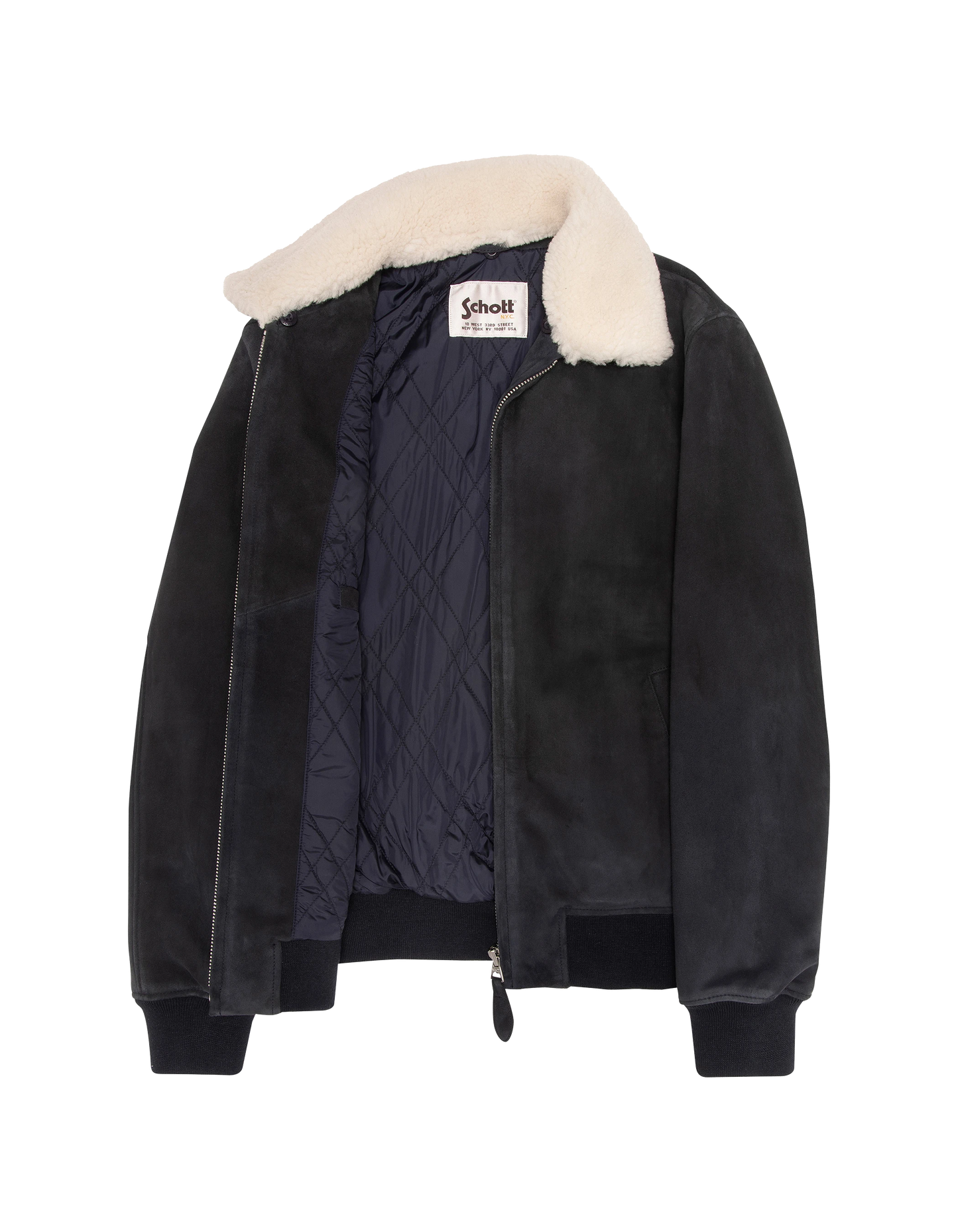 Casual navy blue jacket with removable shearling collar, goat suede