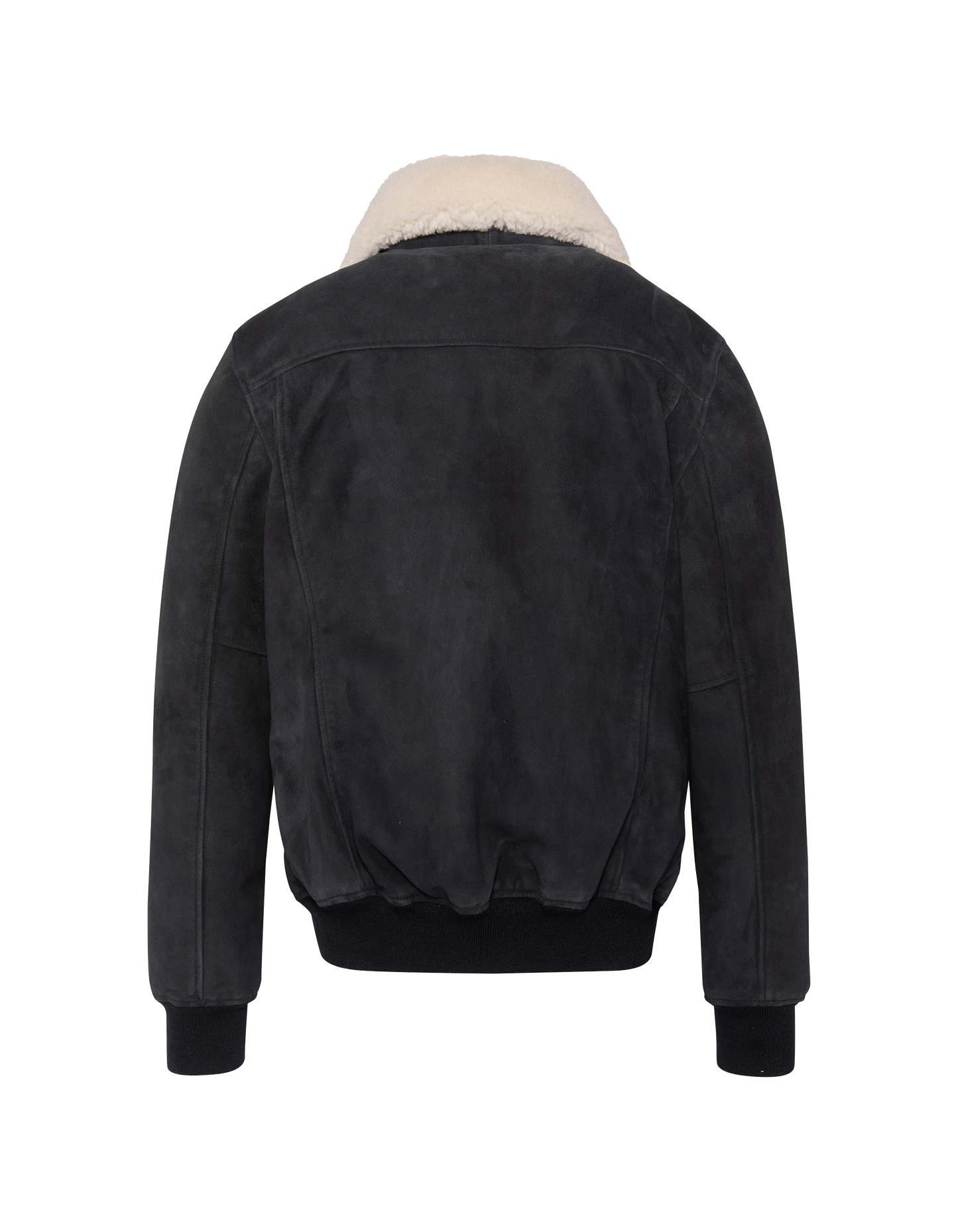 Casual navy blue jacket with removable shearling collar, goat suede