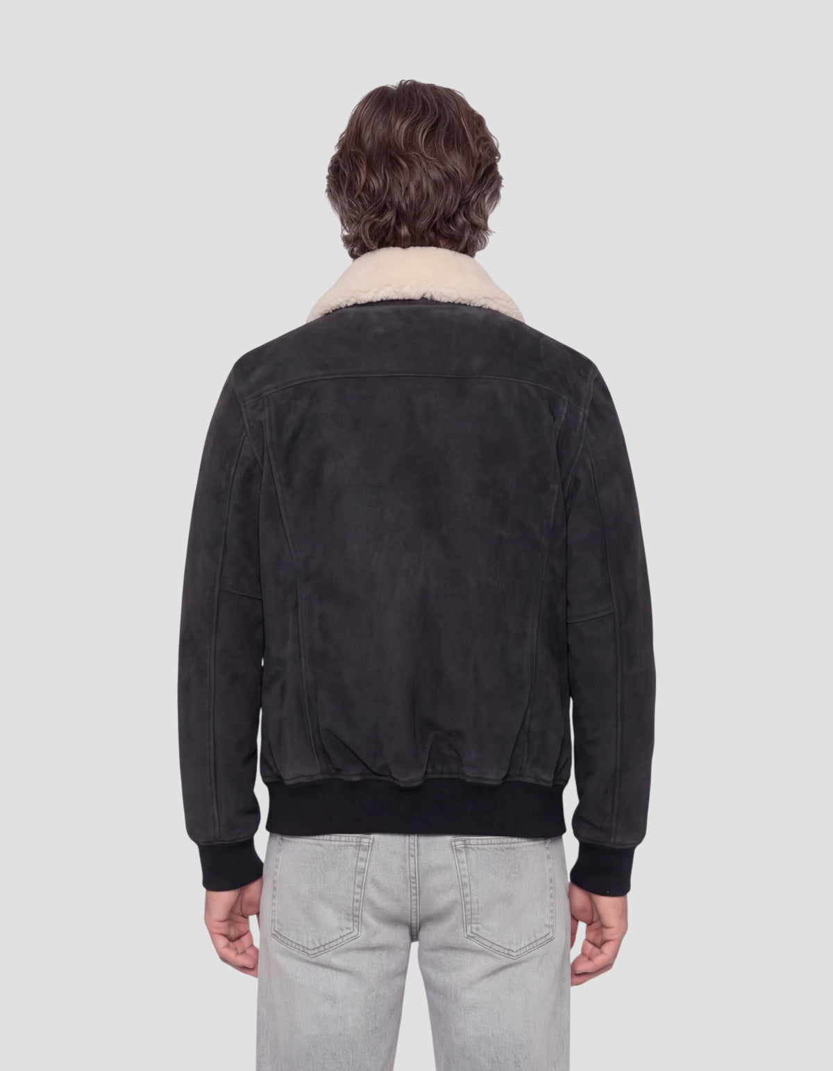 Blouson casual bleu marine avec col mouton amovible, chèvre velours-4