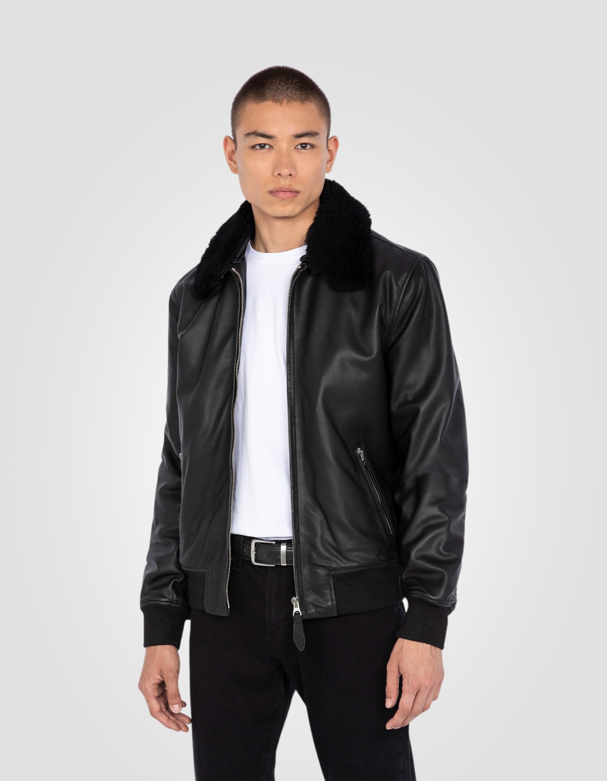 Schwarze lässige Jacke mit Schafkragen, Lammleder-3