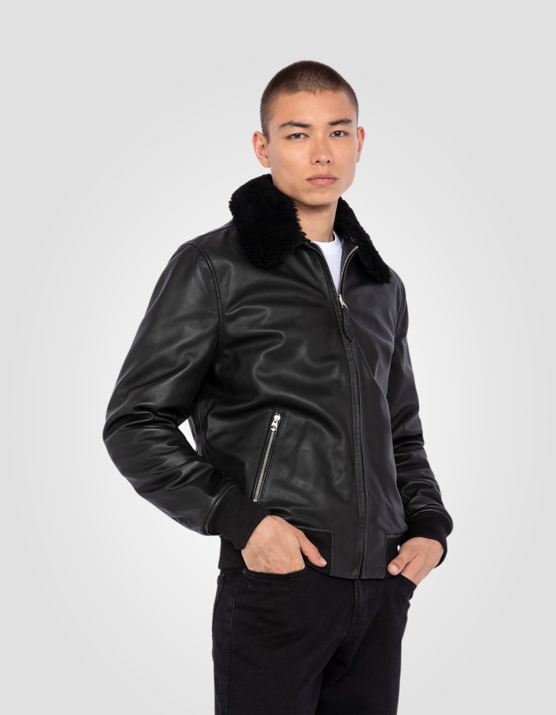 Schwarze lässige Jacke mit Schafkragen, Lammleder-4