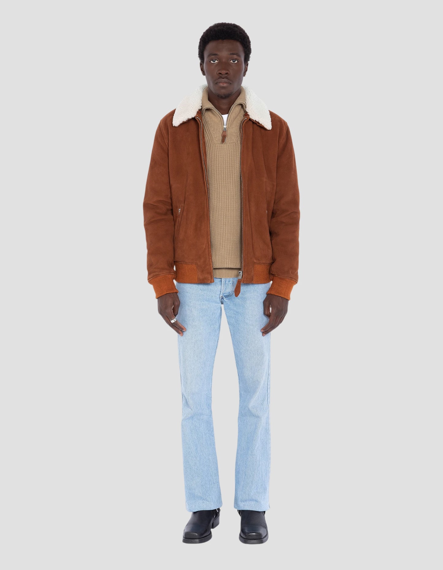 Giacca casual ruggine con collare di pecora, pelle di capra