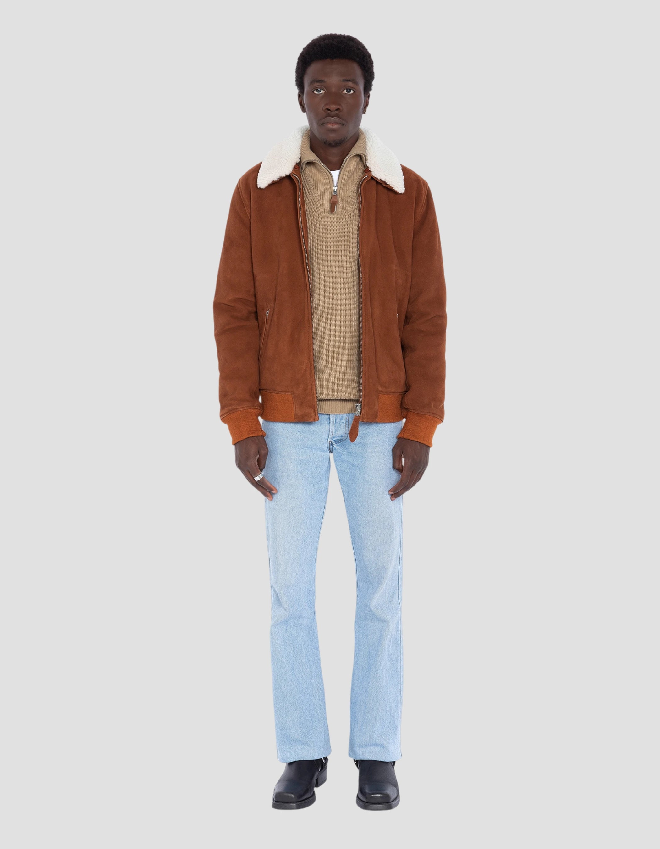 Giacca casual ruggine con collare di pecora, pelle di capra-1