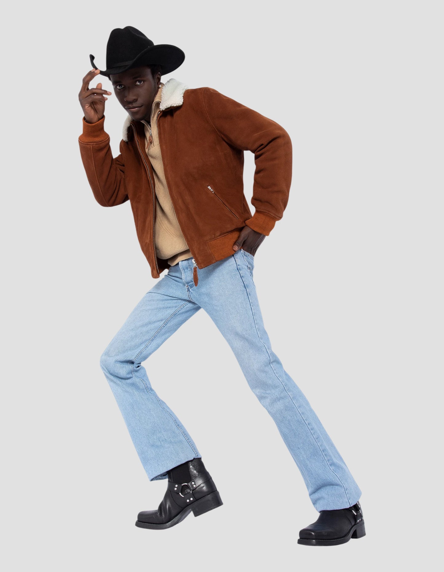 Giacca casual ruggine con collare di pecora, pelle di capra