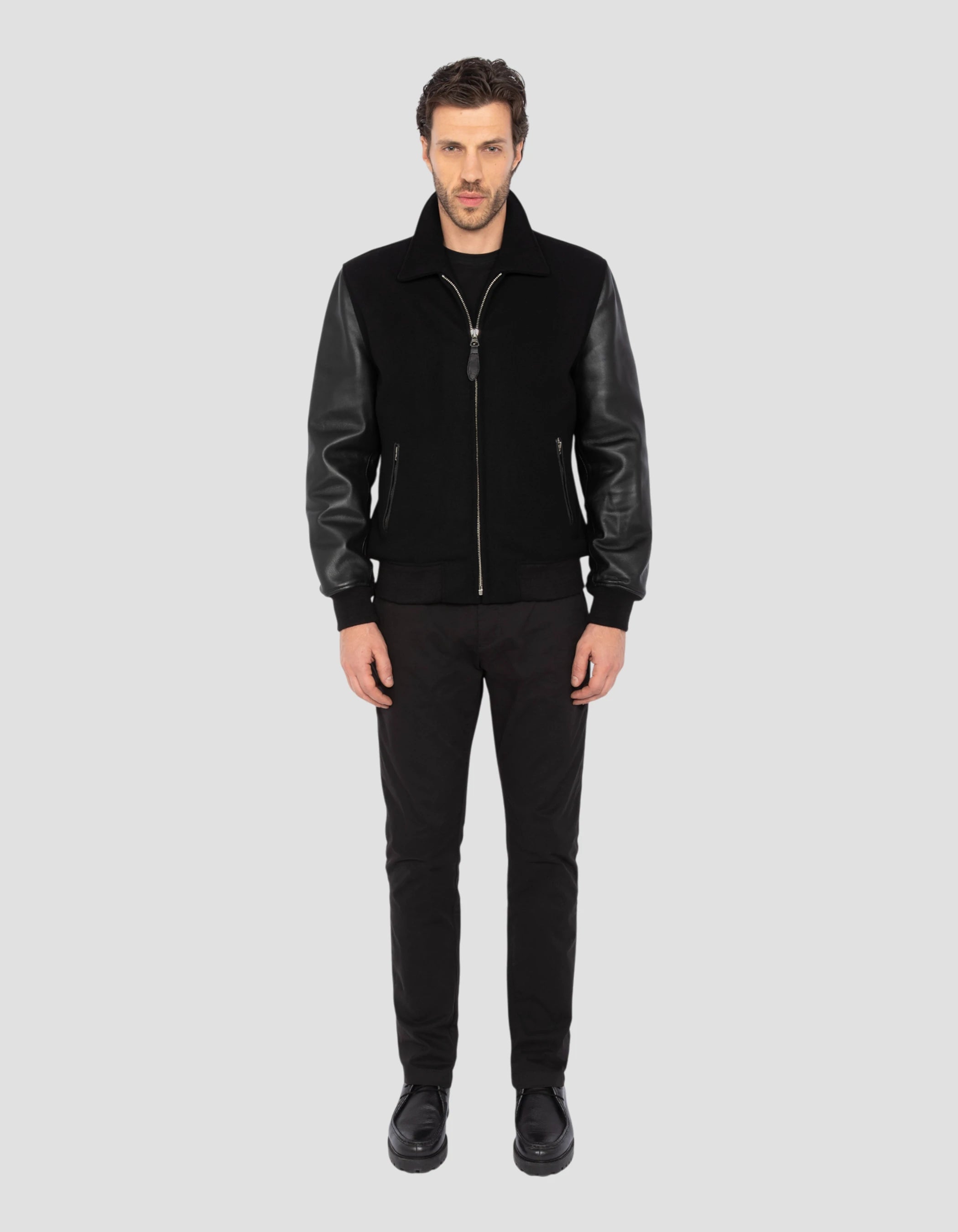 Bi-material schwarzer Freizeitjacke, Lammleder-1