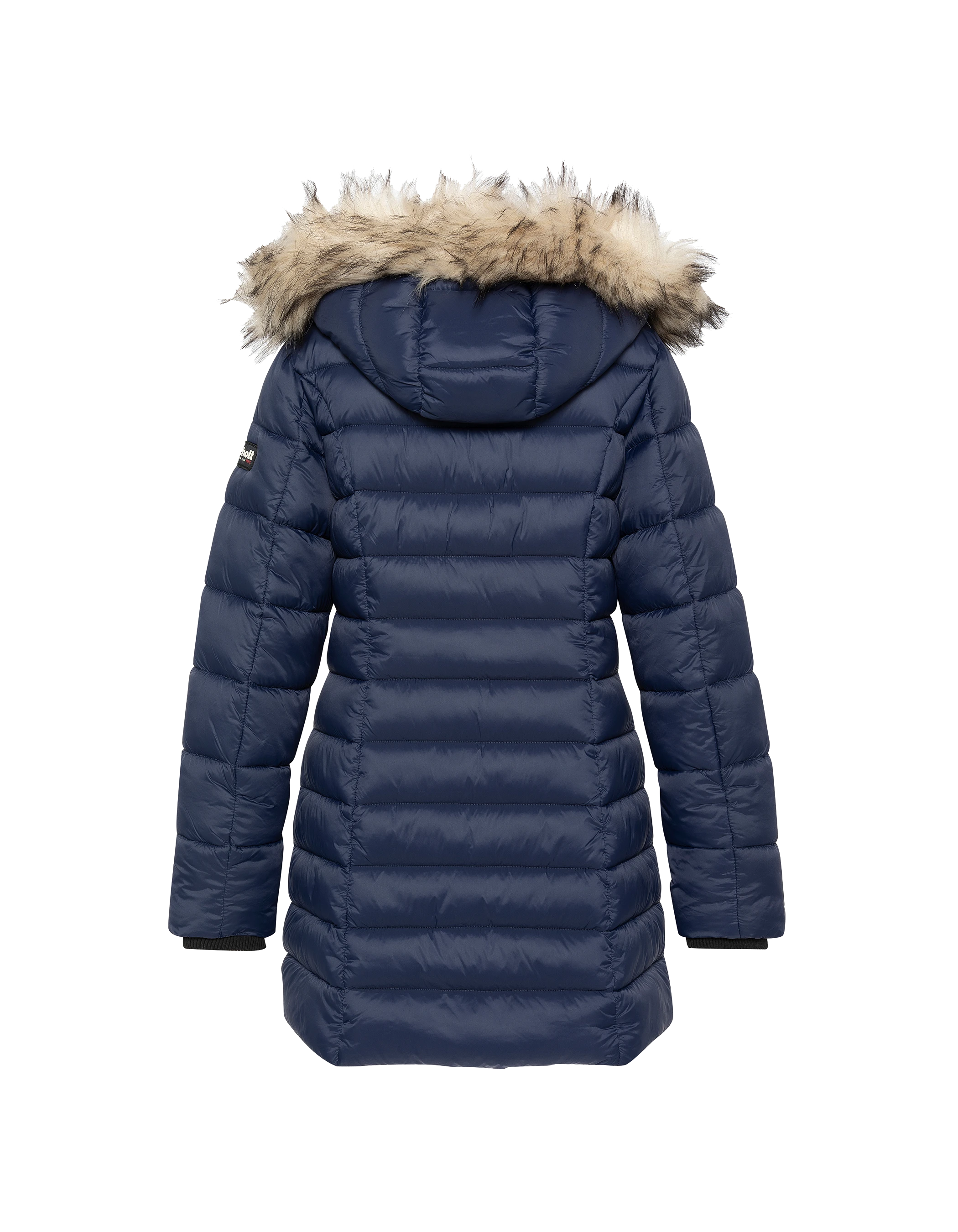 Chaqueta azul marino con cuello de piel sintética extraíble-8