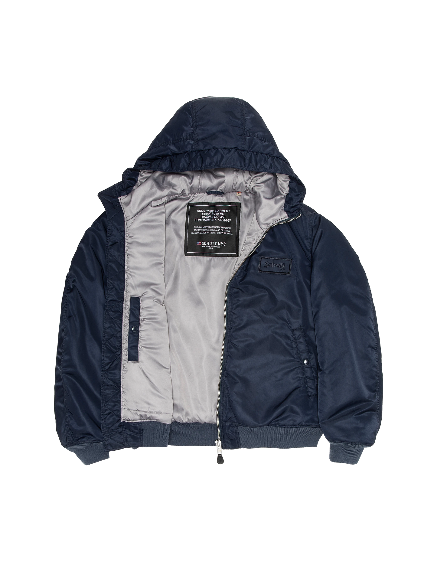 Dunkler dunkelblauer Bomber mit recycelter Nylonhaube gewaschen