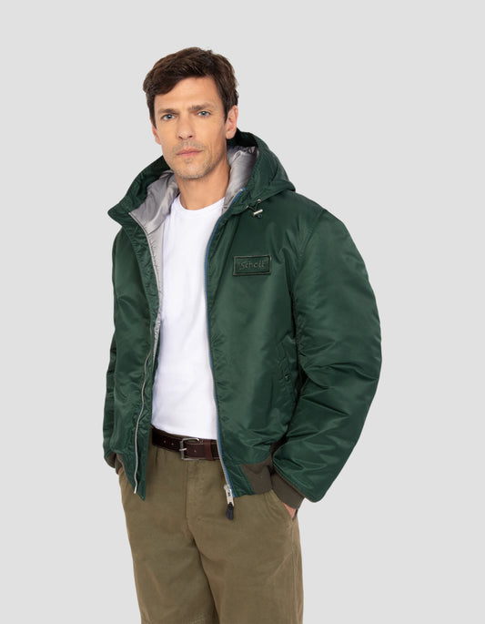 Forest green bomber washed with recycled nylon hood