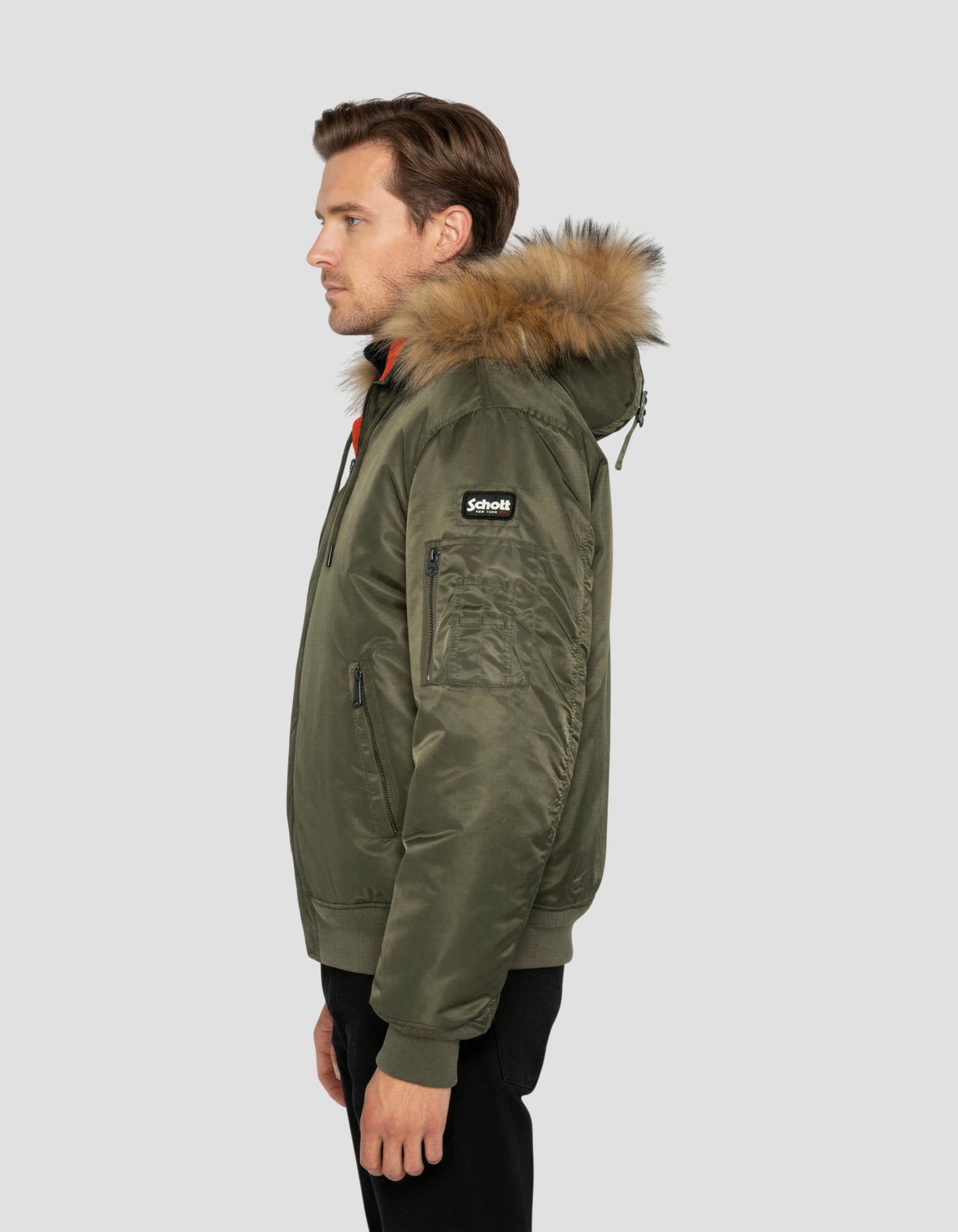 Khaki -Bomber mit Kunstpelzhaube