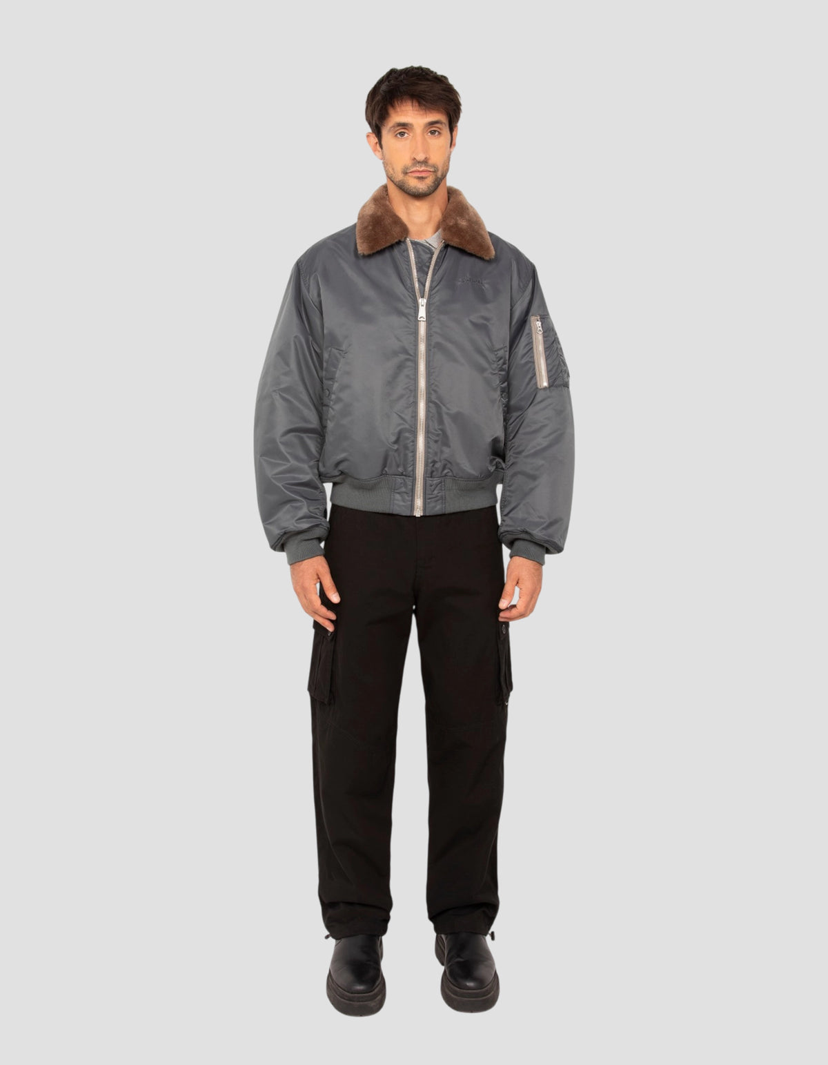Blouson pilote vintage étain, coupe oversize-1