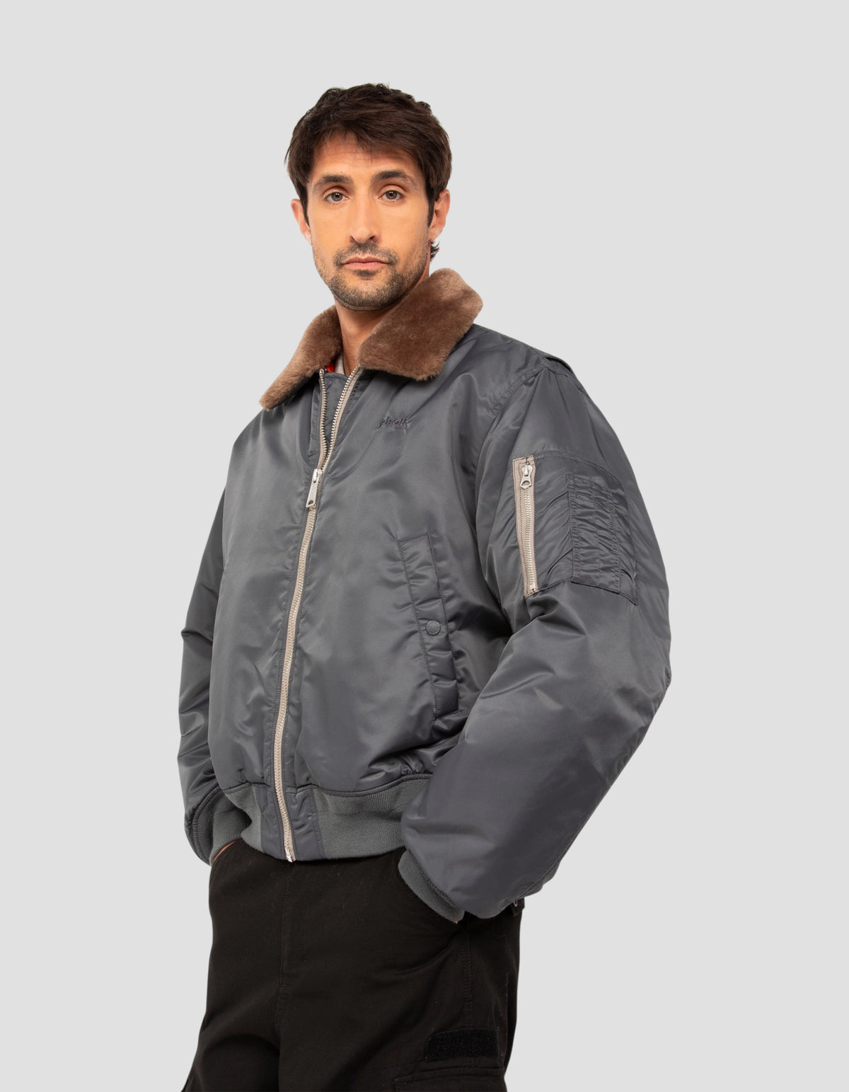Blouson pilote vintage étain, coupe oversize