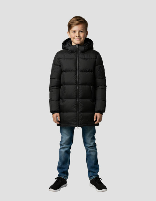 Lange schwarze Jacke mit Kinderhaube