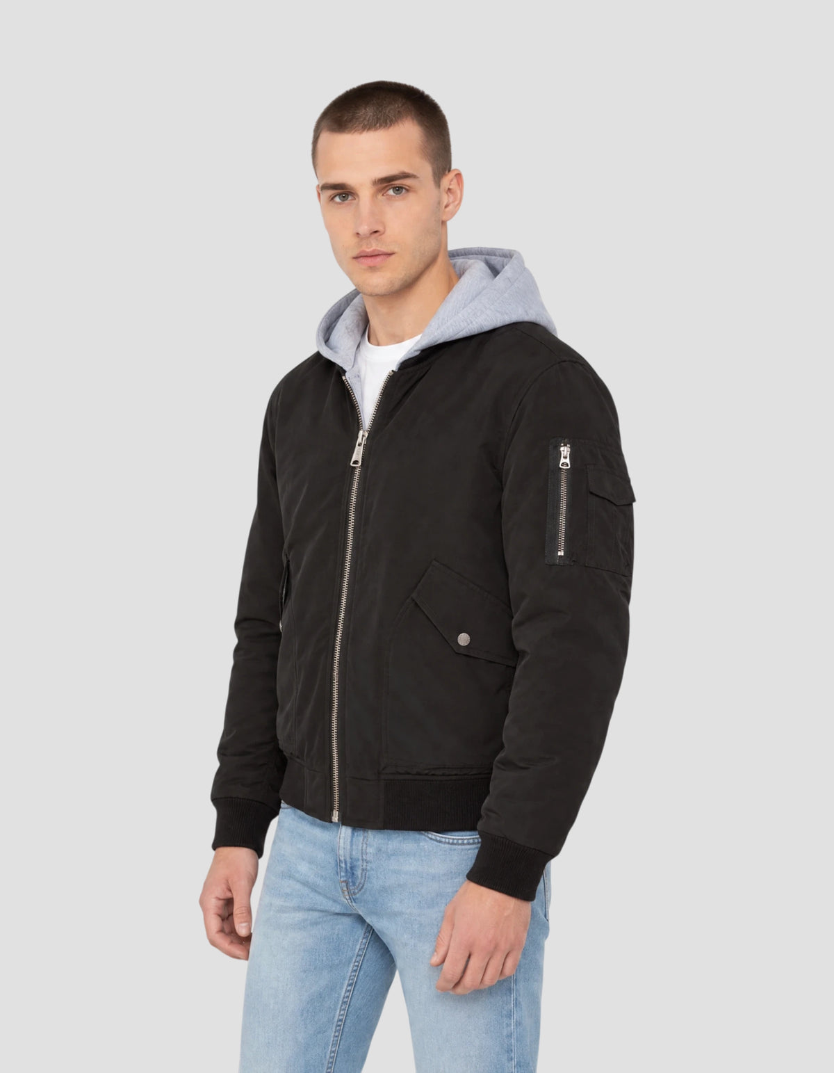 Bomber nero con cappuccio in felpa-3