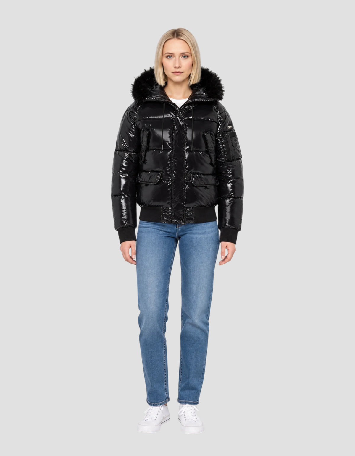 Blouson shiny à capuche noir-1