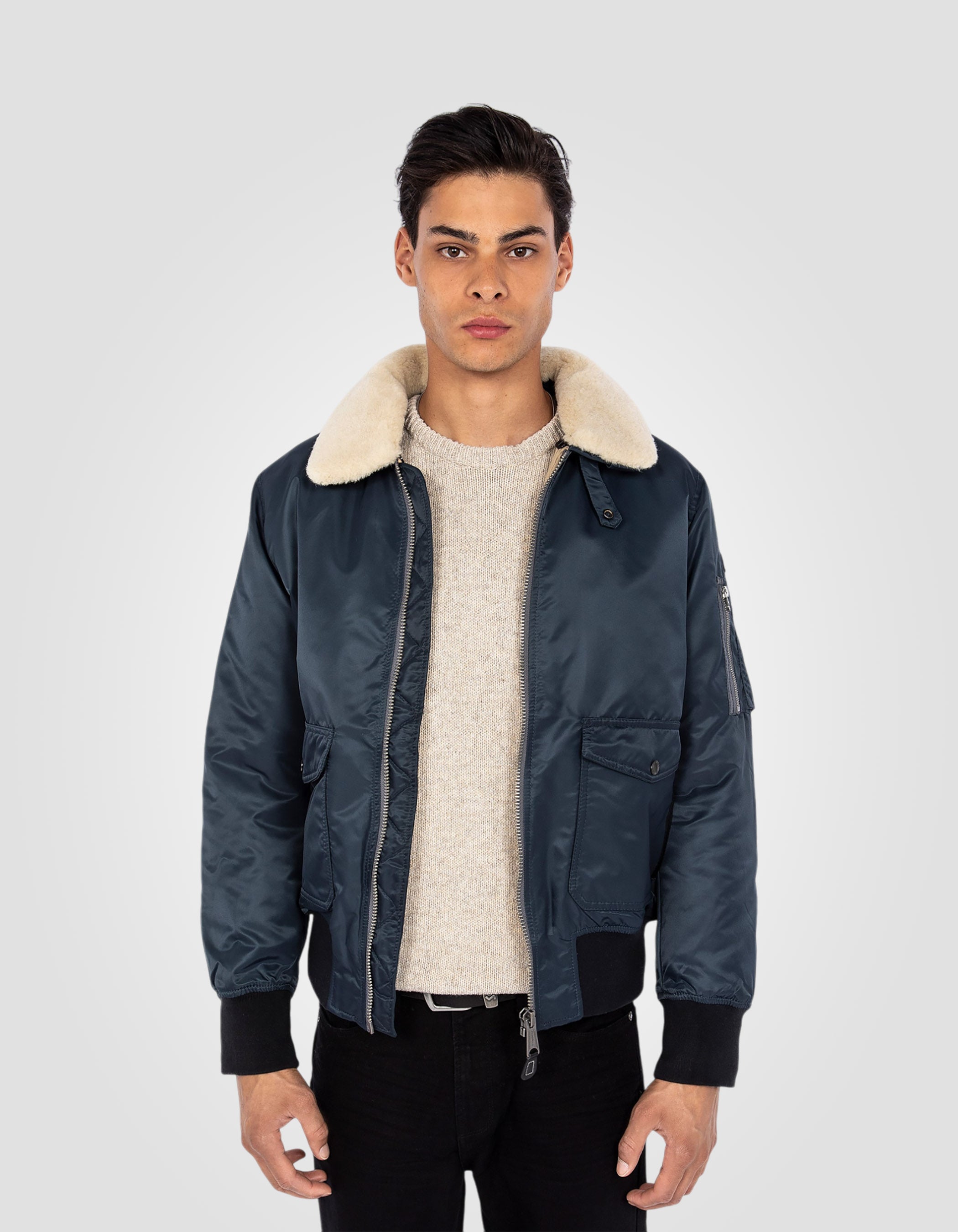 Bomber pilote bleu marine et beige en nylon recyclé-1