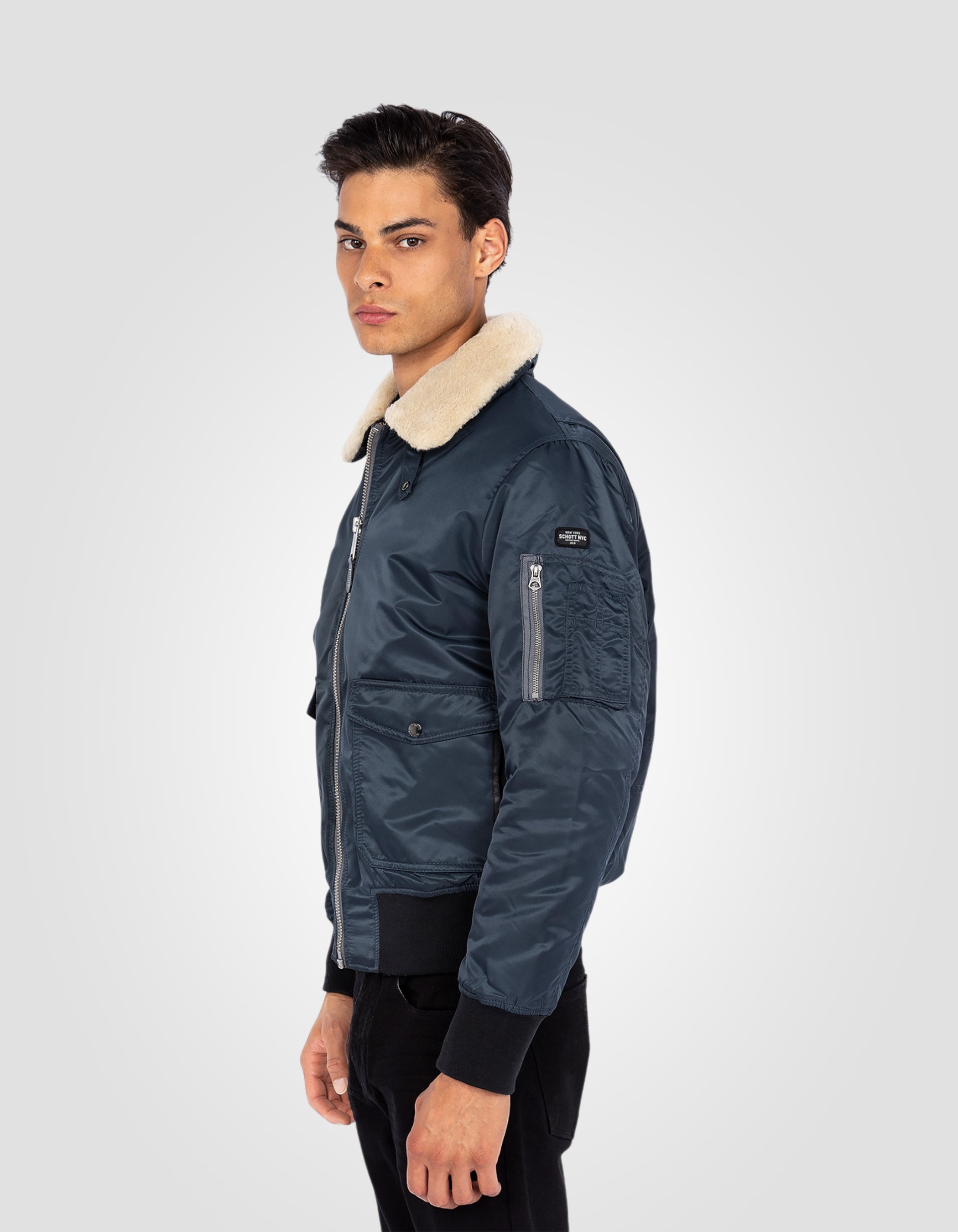 Bomber pilote bleu marine et beige en nylon recyclé-4