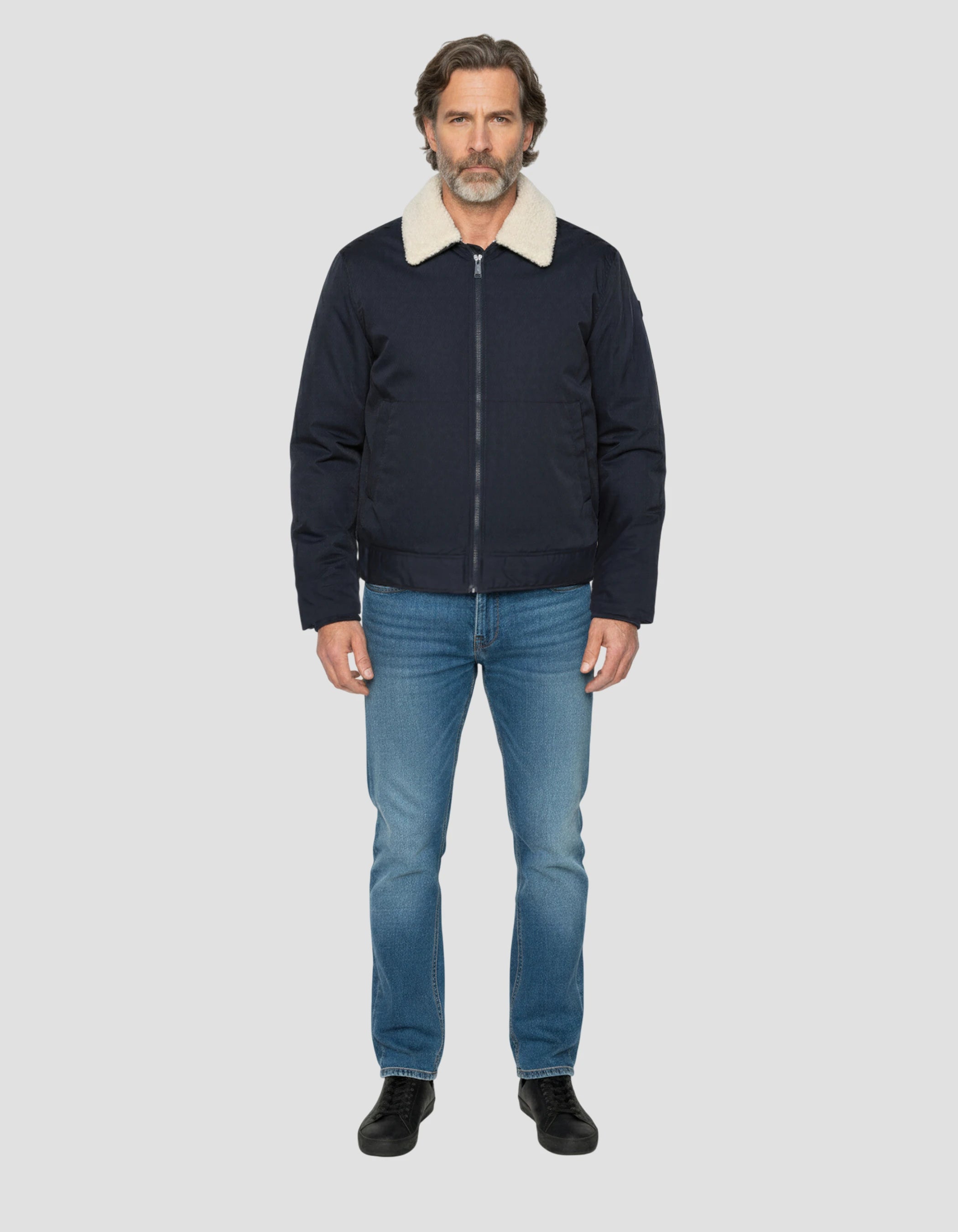 Blouson bleu marine avec col sherpa amovible-1