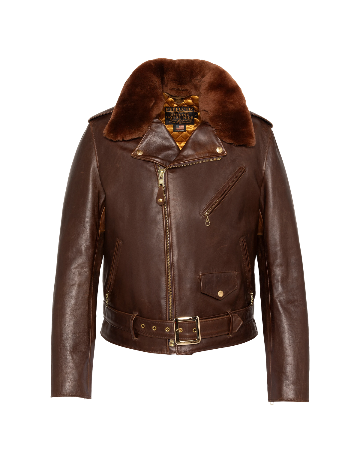 Chaqueta Marrón Perfecto® con cuello desmontable, suave piel de caballo Horween-2