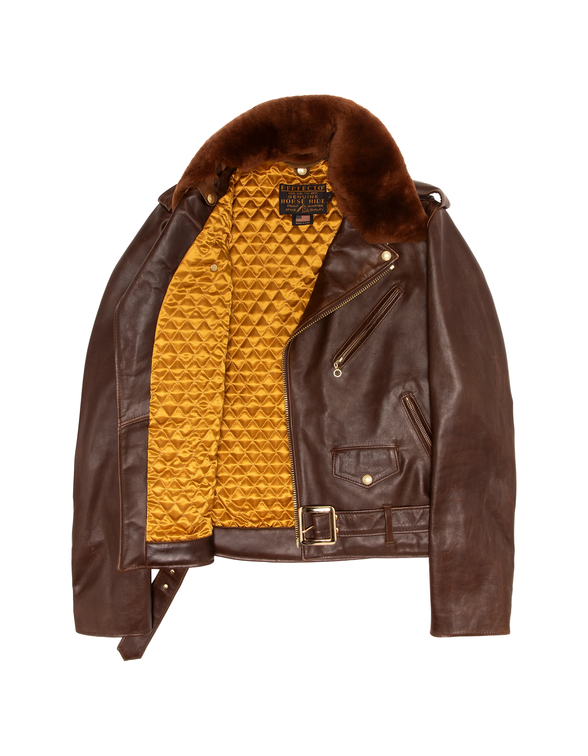 Chaqueta Marrón Perfecto® con cuello desmontable, suave piel de caballo Horween