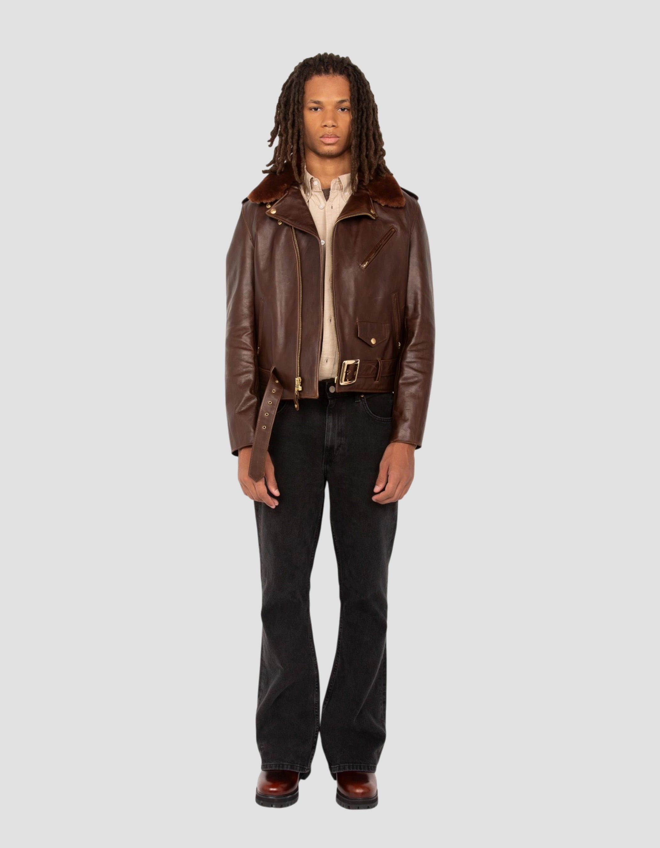 Chaqueta Marrón Perfecto® con cuello desmontable, suave piel de caballo Horween-1