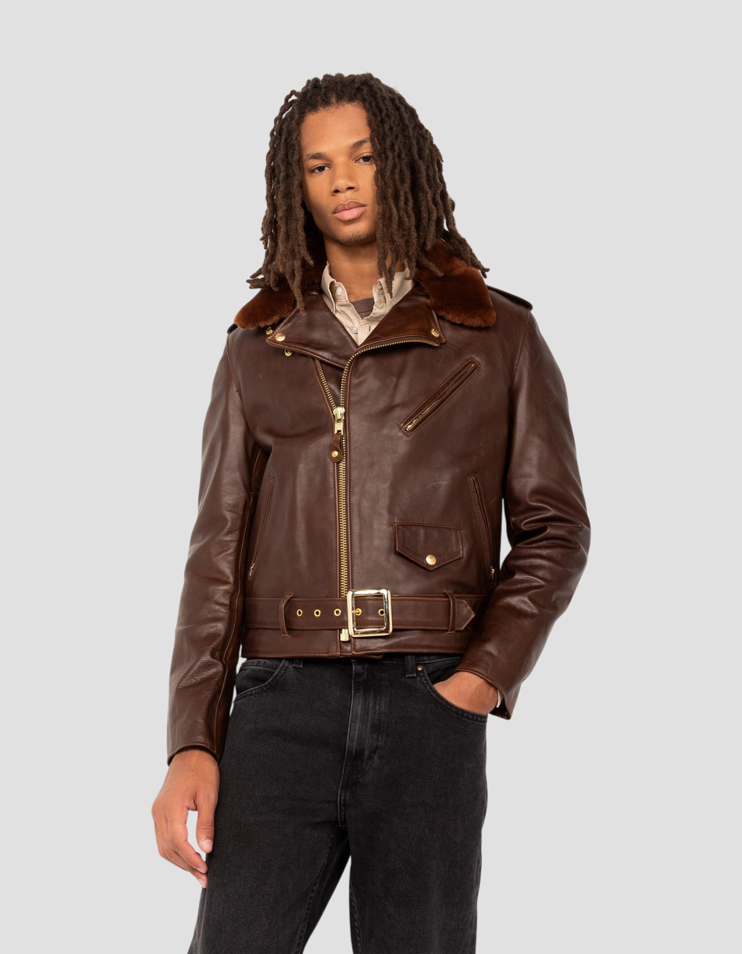 Chaqueta Marrón Perfecto® con cuello desmontable, suave piel de caballo Horween