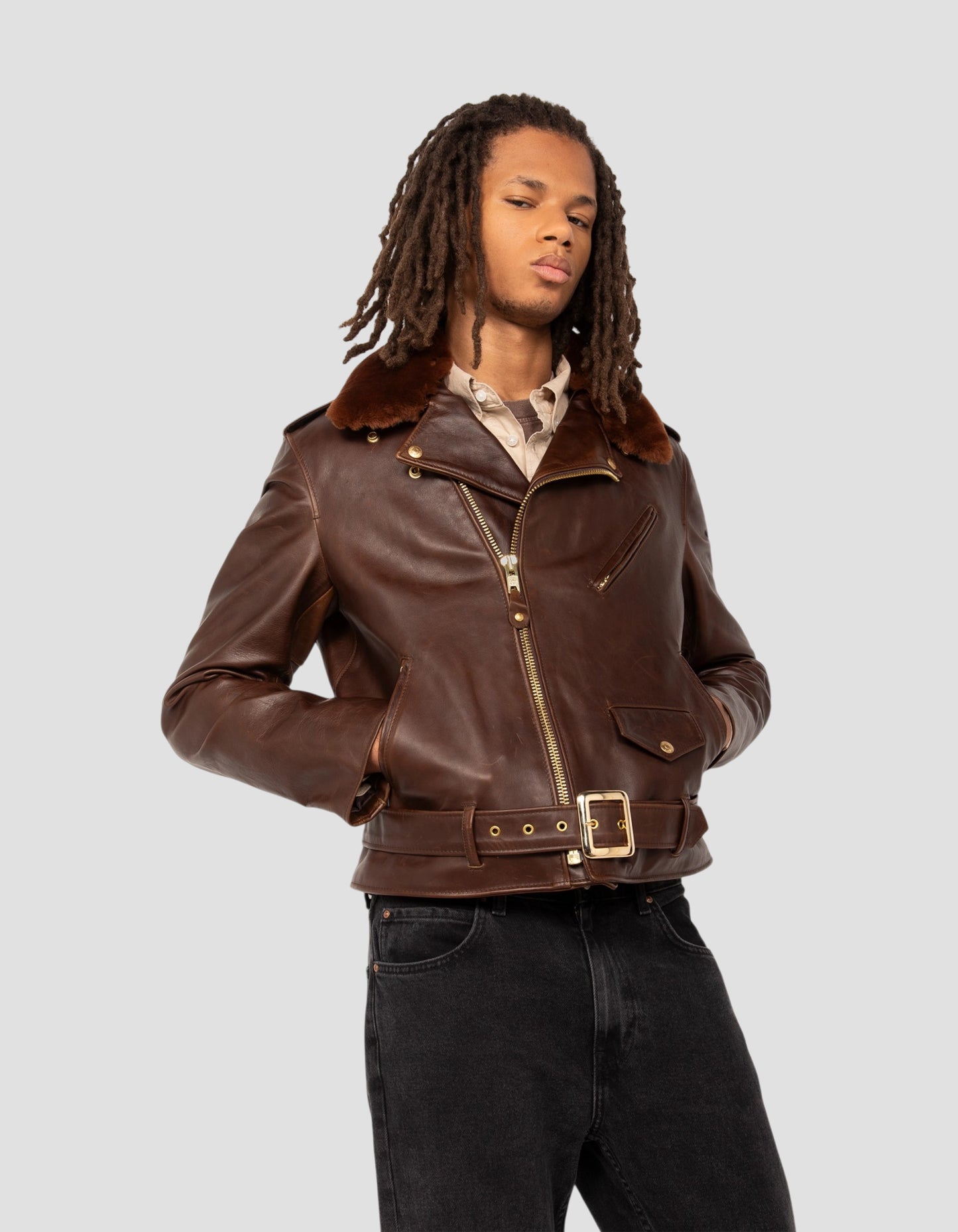 Chaqueta Marrón Perfecto® con cuello desmontable, suave piel de caballo Horween