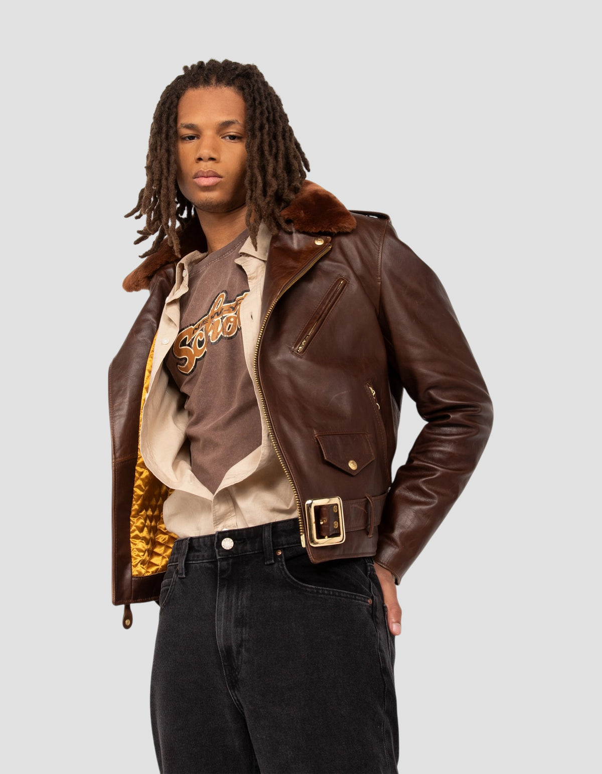 Chaqueta Marrón Perfecto® con cuello desmontable, suave piel de caballo Horween-5