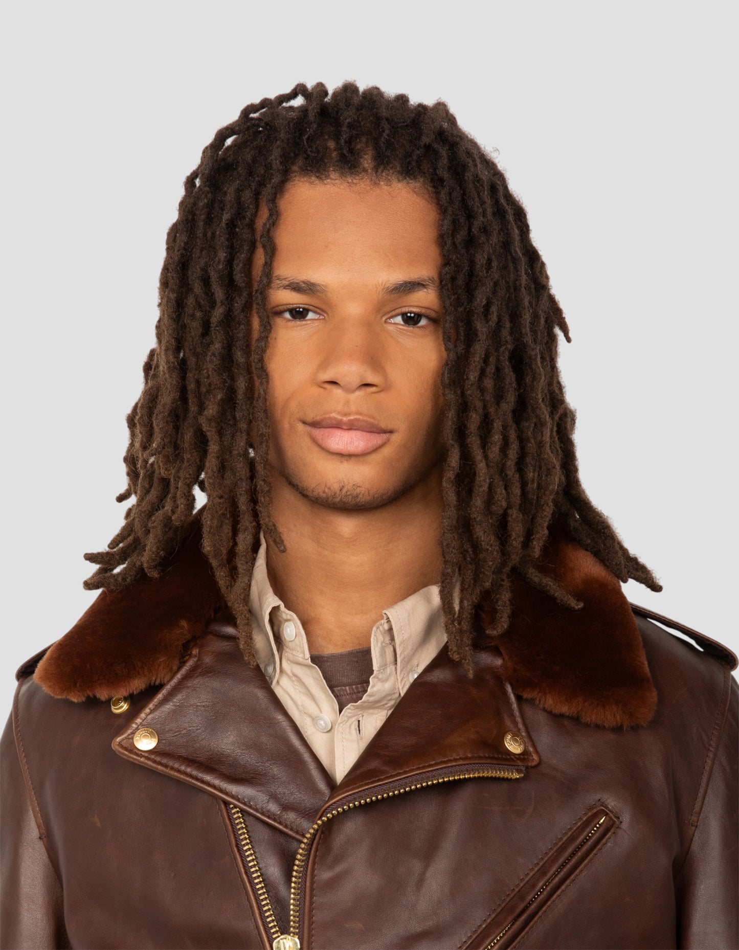 Chaqueta Marrón Perfecto® con cuello desmontable, suave piel de caballo Horween