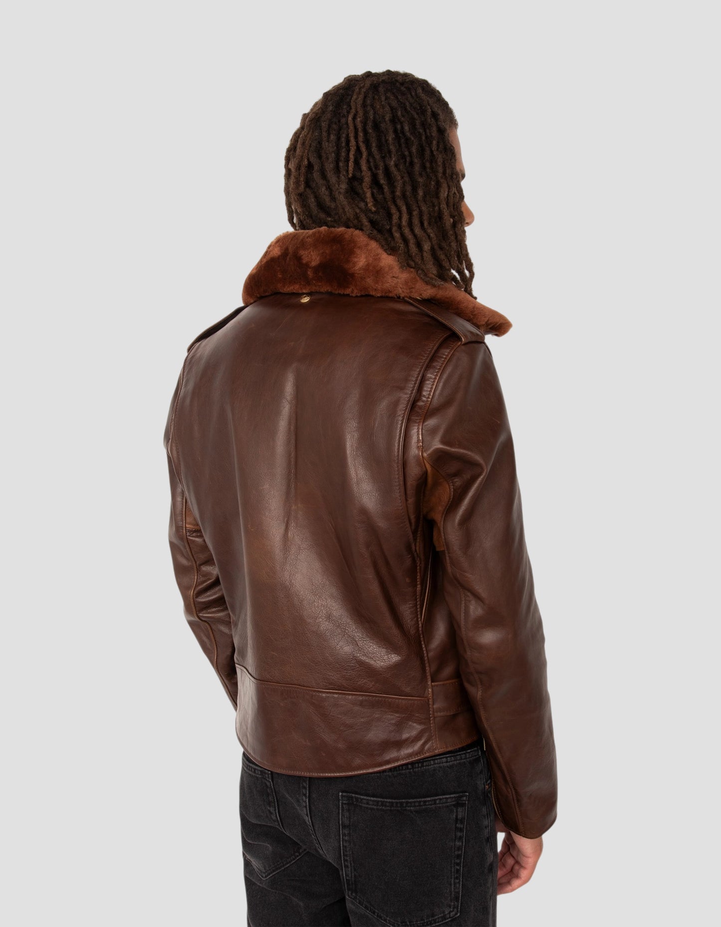 Chaqueta Marrón Perfecto® con cuello desmontable, suave piel de caballo Horween