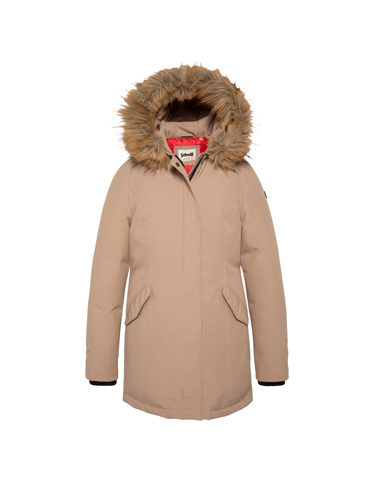 Parka beige con cappuccio e finiture in pelliccia sintetica-1