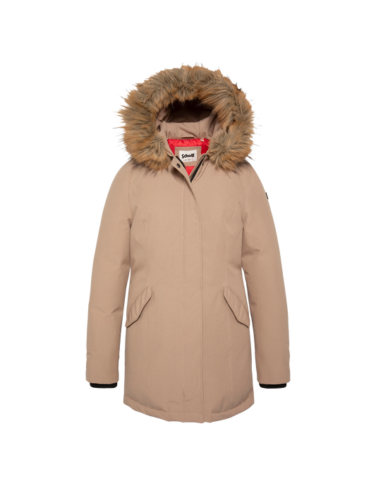 Parka beige con cappuccio e finiture in pelliccia sintetica