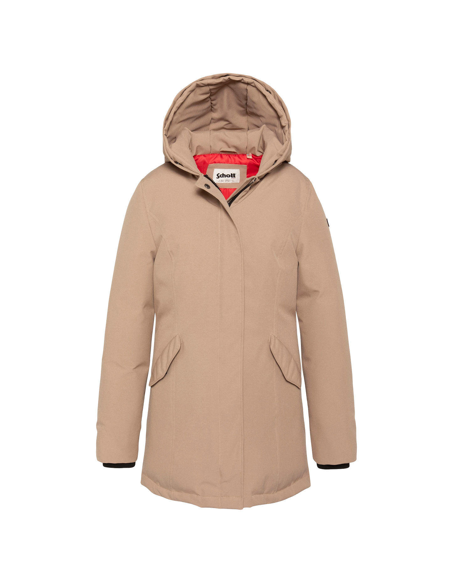 Parka beige con cappuccio e finiture in pelliccia sintetica