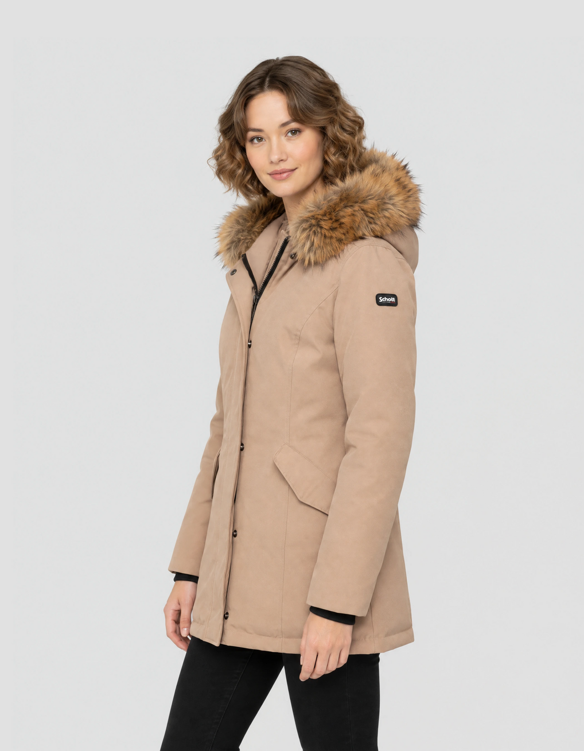 Parka beige con cappuccio bordato di pelliccia sintetica-3