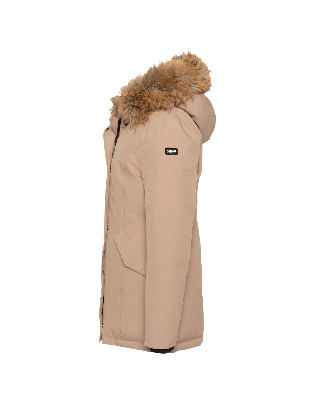 Parka beige con cappuccio e finiture in pelliccia sintetica