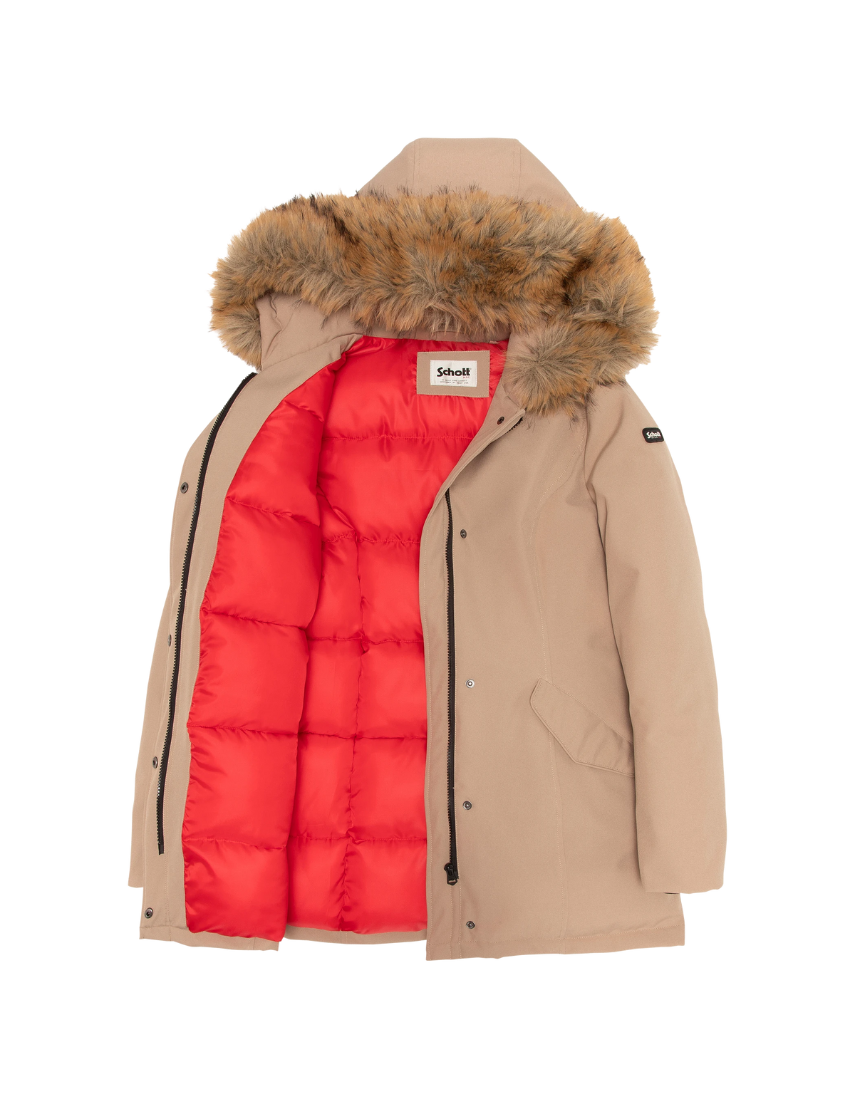 Parka beige con cappuccio e finiture in pelliccia sintetica