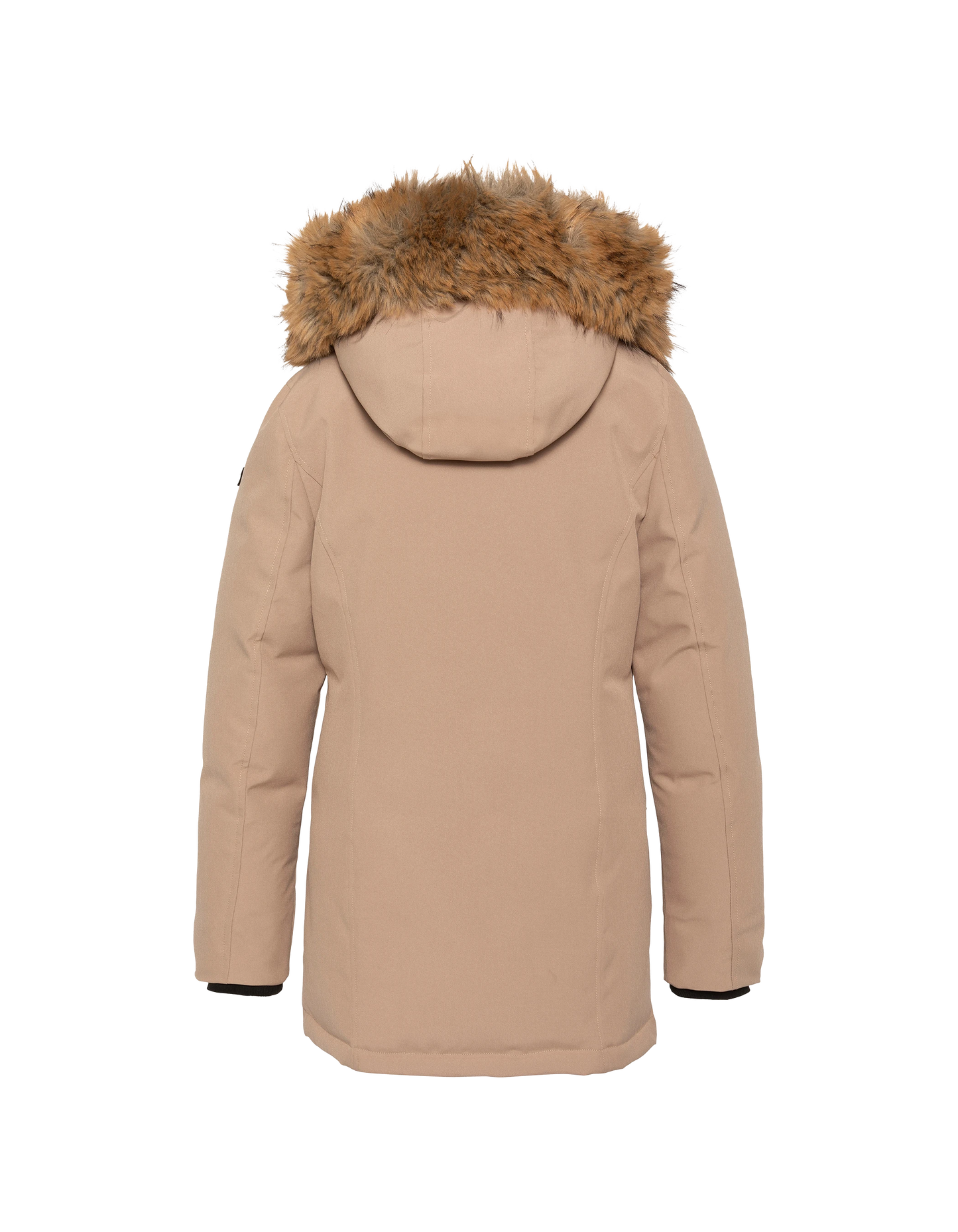 Parka beige con cappuccio e finiture in pelliccia sintetica